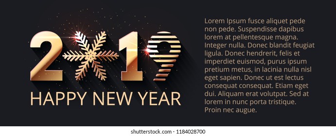 Happy New Year dark festive background. 2019 gold text design. Vector greeting illustration with golden numbers and snowflake