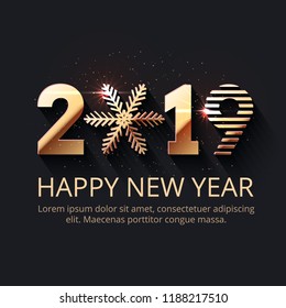 Happy New Year dark festive background. 2019 gold text design. Vector greeting illustration with golden numbers and snowflake