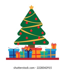 Happy New Year. Decorated Christmas tree with star, ribbon, balls and gift boxes vector. Flat style vector illustration.