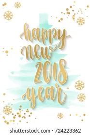 Happy New Year decoration with lettering. Winter holidays handwritten calligraphy quote. Vector decorative elements for design greeting card or Invitation on dark background.