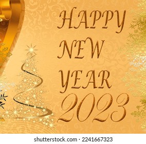 Happy new year decoration with pattern background and and joy a golden tree with shinning star and  abstract wallpaper element .