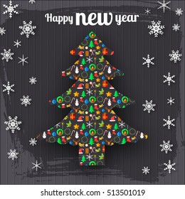 Happy New Year decorative template with colorful icons pattern in shape of tree vector illustration