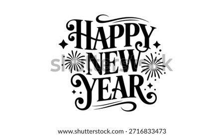 Happy New Year decorative typography lettering design with fireworks and ornamental elements for holiday greeting card, poster, banner, invitation and festive print use