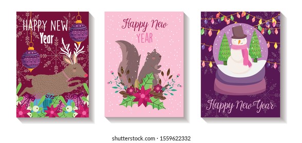happy new year deer squirrel and snowman flower ball decoration poster vector illustration