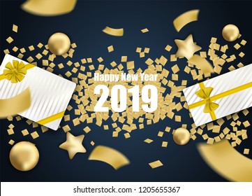 Happy new year. Design with balls, star ,gift box and gold foil confetti on black color background . Vector