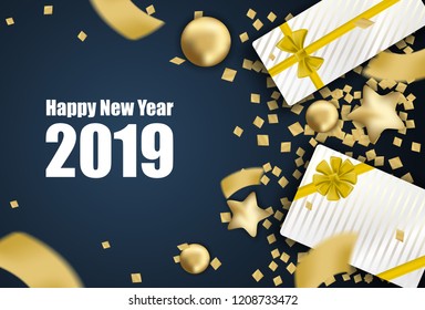 Happy new year. Design with balls, star ,gift box and gold foil confetti on black color background . Vector