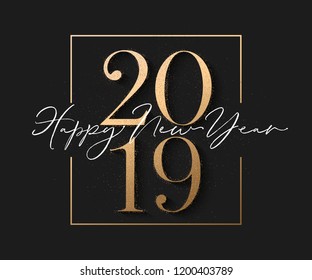 Happy new year design black background with 2019 gold text and sparkle particles. Vector illuatration