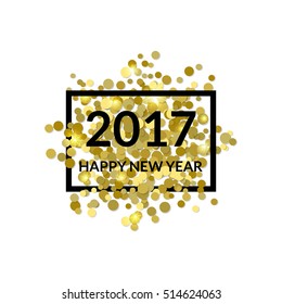 Happy New Year design. Black text on golden confetti background. Vector illustration. EPS 10.