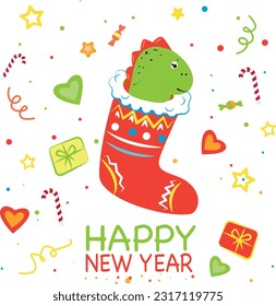 Happy New Year Design, cartoon dragon in red Christmas sock. Stars, presents, hearts and sweets. On white background.