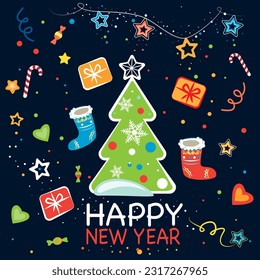 Happy New Year Design, cartoon Christmas tree with Christmas socks. Stars, presents, hearts and candy. On dark blue background.