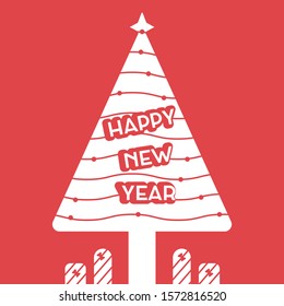 Happy New Year design. Christmas Tree with gifts illustration. 