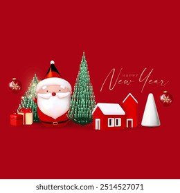 Happy New Year design with Christmas trees, Santa Claus, cute town and gift boxes