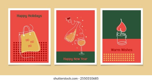 Happy New Year design. Collection of modern backgrounds, cards, labels. Line art style holiday art, social media promotional content. Retro colors vector illustrations.