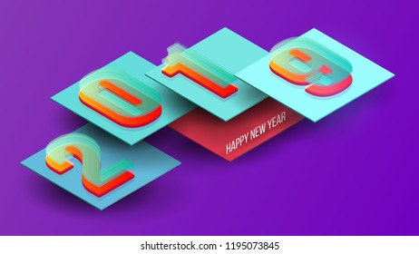Happy new year design concept. Vector modern colorful number 2019 in isometric view. Minimalistic trendy illustration background for branding banner, cover, poster, card.