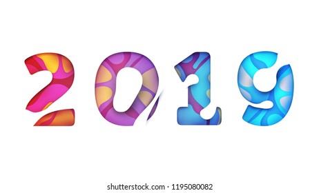Happy new year design concept. Vector modern colorful number 2019 in paper cut style. Minimalistic trendy illustration background for branding banner, cover, poster, card.