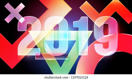 Happy new year design concept. Vector modern colorful number 2019 with glass forms. Minimalistic trendy illustration background for branding banner, cover, poster, card.