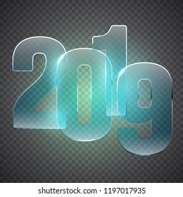 Happy new year design concept. Vector modern glass number 2019 on transparent background. Minimalistic trendy illustration for branding banner, cover, poster, card.