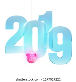 Happy new year design concept. Vector modern glass number 2019 with pig toy on white background. Minimalistic trendy illustration for branding banner, cover, poster, card.