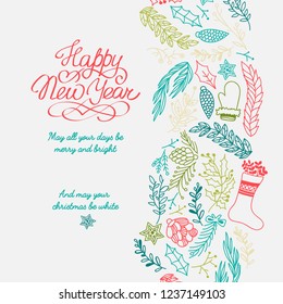 Happy new year design concept with greetings and colorful hand drawn branches on white background vector illustration