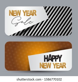 Happy New Year design concept. Gift card or voucher. Black and white stripes and golden background with stars. Vector illustration.