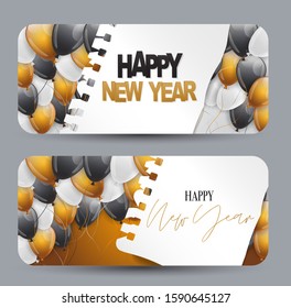 Happy New Year design concept. Gift card or voucher. Black, white and golden balloons under torn out sheet of paper. Vector illustration.