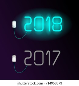 Happy new year design concept with disabled neon message "2017" and enabled "2018". Electric switch on and off