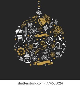 Happy New Year design concept with traditional elements in Christmas bauble shape on dark background vector illustration