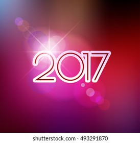 Happy New Year design elements. Merry Christmas decoration and card design. 2017 digits on blue blurred mesh background with defocused light spots. Holiday vector abstract artwork.