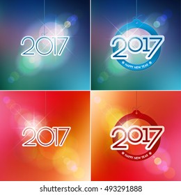 Happy New Year design elements. Merry Christmas decoration and card design. 2017 digits on blue red blurred mesh background with defocused light spots. Holiday vector abstract artwork set.