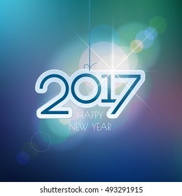 Happy New Year design elements. Merry Christmas decoration and card design. 2017 digits on blue blurred mesh background with defocused light spots. Holiday vector abstract artwork.