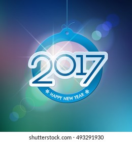 Happy New Year design elements. Merry Christmas decoration and card design. 2017 digits on blue blurred mesh background with defocused light spots. Holiday vector abstract artwork.