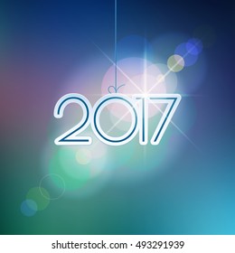 Happy New Year design elements. Merry Christmas decoration and card design. 2017 digits on blue blurred mesh background with defocused light spots. Holiday vector abstract artwork.