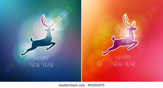 Happy New Year design elements. Merry Christmas decoration and card design. Deer digits on red blue blurred mesh background with defocused light spots. Holiday vector abstract artwork set.