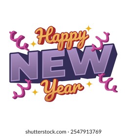 Happy New Year design featuring bold purple 3D text, golden highlights, festive confetti, and sparkling elements, perfect for celebrations and greetings.