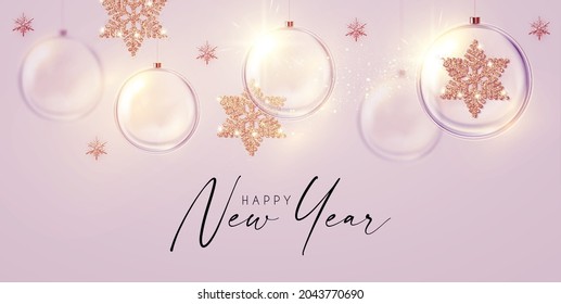 Happy New Year design with glittering stars and glass balls.
