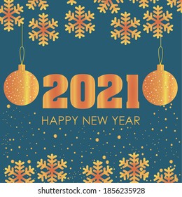 happy new year design with golden snowflakes and christmas balls over blue background, vector illustration