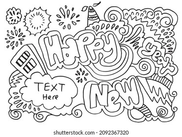 Happy new Year Design Hand Drawn. Doodle illustration.Happy new year script text hand lettering with firework. Design template Celebration typography poster.