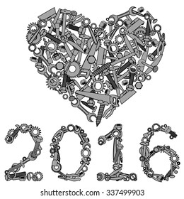 Happy new year design from hand tools for hardware store or unusual greeting card.