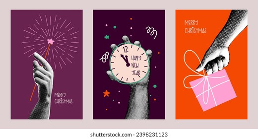 Happy new year design. Hands holding watch, gift,  and sparkler. Colorful collage style illustrations. Vector design for poster, banner, greeting and new year celebration.