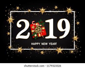 Happy new year design layout on black background with 2019. Gift box, gold confetti, stars, balls. Vector illustration