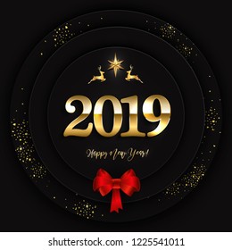 Happy new year design layout on black background with 2019 and christmas decor elements. Vector illustration