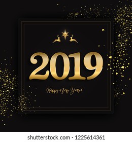 Happy new year design layout on black background with 2019 and christmas decor elements. Vector 