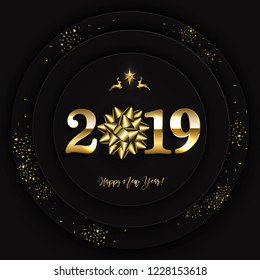 Happy new year design layout on black background with 2019 and gold bow. Vector illustration