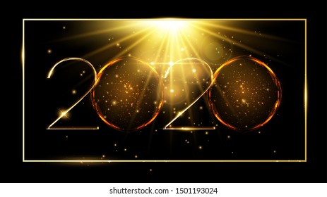Happy New Year design layout on black background with 2020 and gold stars. Party poster, banner or invitation gold glittering stars falling snowflakes glitter decoration. xmas, vector