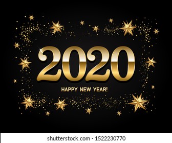 Happy new year design layout on black background with 2020 and gold stas. Vector illustration