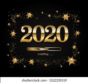 Happy new year design layout on black background with 2020 loading and gold stas. Vector illustration