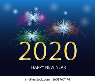 Happy New Year design layout on blue background with 2020 and gold stars. Party poster, banner or invitation gold glittering stars falling snowflakes glitter decoration. xmas, vector.