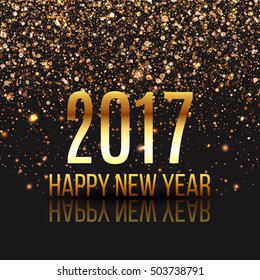 Happy new year design layout on black background with 2017. Gold confetti, gold number.  