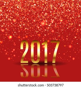 Happy new year design layout on red background with 2017. Gold confetti, gold number.  