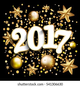 Happy new year design layout on black background with 2017. Gold confetti, stars,balls. Vector illustration 